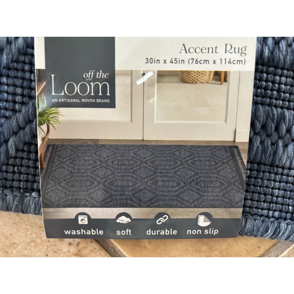 Off The Loom Navy Blue Accent Rugs 30x45 Geometric Washable NWT Set of 2